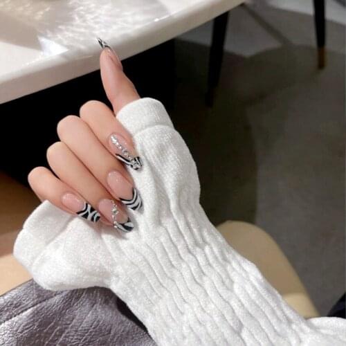 Ins French Style Coffin Ballerina Acrylic Artificial False Nails Black White Stripes Printed Nail Patch False Nail Detachable