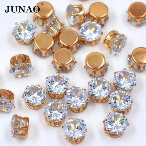 JUNAO SS38 8mm Sewing Clear Zircon Crystals Gold Claw Rhinestone Applique Sewn Diamond Strass Flat Back Crystal Stones Crafts