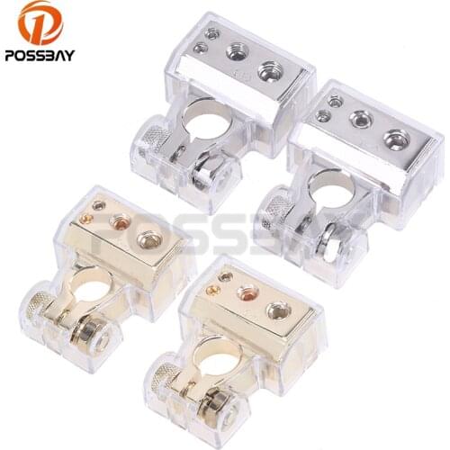 POSSBAY 1 Pair Metal Alloy Car Battery Terminal Clamp Post 1/0 2 4 8 GA AWG Gauge Positive Negative Port Gold/Silver