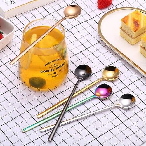 Rainbow Color Coffee Tea Stir Spoon Long Handle Ice Cream Dessert Spoons Eco-Friendly Stainless Steel Tableware Kitchen Supplies