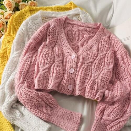 Korean Autumn V-Neck Knitted Cardigan Sweater Women Short Style Loose Long Sleeve Single Breasted Ladies Sueter Mujer Female