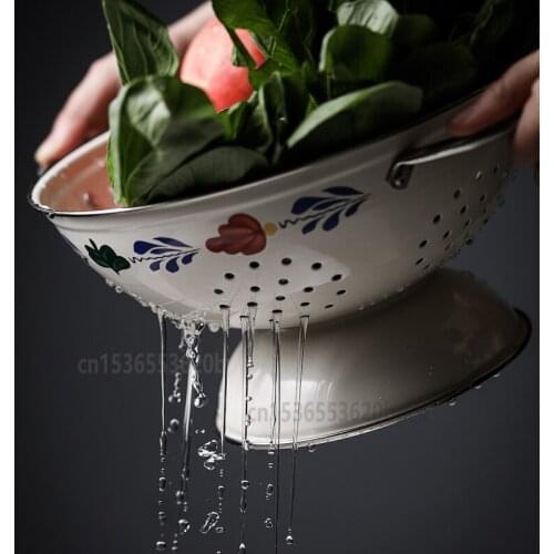 American Country Retro Pattern Fruit Basket Fruit Vegetable Drain Basket Double Ears Can Be Hung Storage Bowl Kitchen Supplies