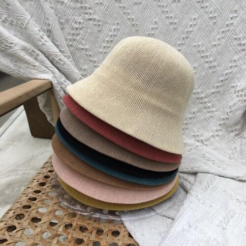 Summer Beach Knitted Bucket Hats Women Dome Top Solid Sun Protector Caps Foldable Breathable Adjustable Hat Sweet Cute 8 Colors