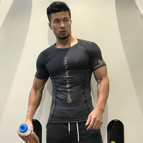 Summer Casual Printing Tight-fitting Running Fitness Clothes Mens High Elastic Breathable Sweat-absorbent Gym Short-sleeved Men