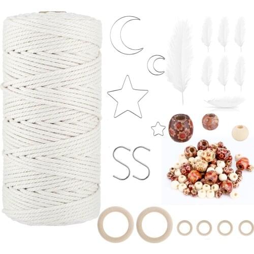Multi-purpose Creative Diy Cotton Rope Strands Twisted Macrame Cotton Cord with Metal Ring Wood Beads for Wall Hanging Crafts