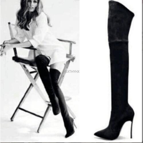 Fashion Stretch Fabric Sock Boots Pointy Toe Over-the-Knee Heel Thigh High Pointed Toe Woman Boot Size 35-42 Women Boots