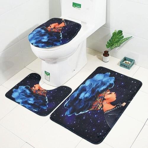 Three-Piece Toilet Floor Mat Set with African Woman Printing Flannel Toilet Cover And Rugs Bathroom Non-Slip Floor Pad