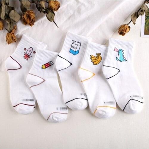 5 pairs/autumn/winter new students ladies mid tube socks banana milk dinosaur pencil fire cartoon personality funny socks lady s