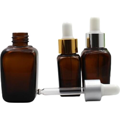 Empty Brown Square Refillable Bottle Glass Dropper Vials White Rubber Top 10ml 20ml 30ml Essential Oil Pipette Packaging Bottles