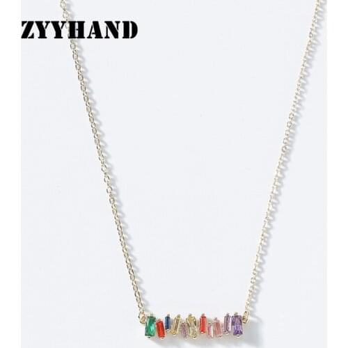 Multi Color Zircon Women Pendant Necklace Golden Rainbow Stone Cross Chain 16inch Copper Alloy Simple Style Girl Jewelry