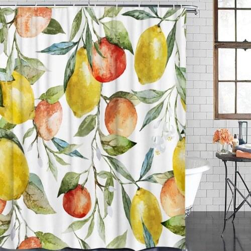 Grapefruit Lemon Leaves Watercolor Painting Shower Curtain Polyester Fabric Waterproof Shower Curtains Modern Bathroom Curtain