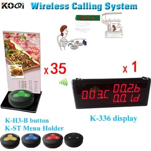 Number Call Bell System K-336+H3-B+ST For Restaurant With 35pcs 3-key Call Button With Menu Holder And 1pcs Display Receiver