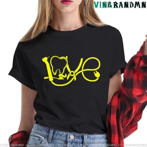 Dentist With Dental Tool Signs T-shirt Women 100% Cotton Summer Tees Short Sleeve Funny Dentistry Hygienist T Shirt Female Gift