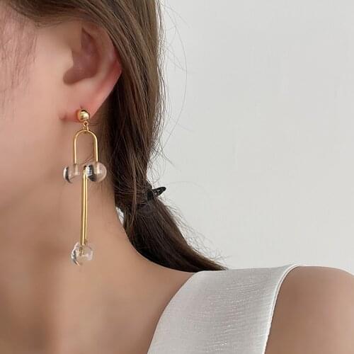 TARCLIY Creative Geometric Metal U-Shaped Safety Pin Transparent Resin Ball Design Long Earrings Women Hip Hop Party Jewelry