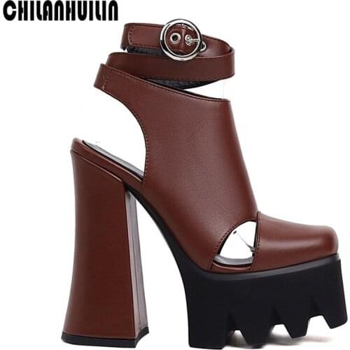 Summer shoes platform microfiber pumps sexy high heel women buckle square heel ladies office shoes woman party dress ankle boots