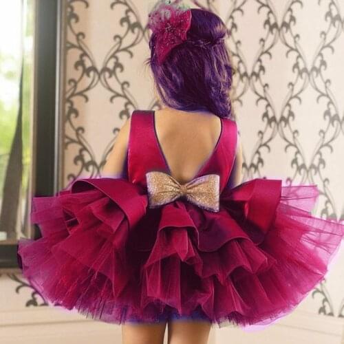 Flower Girl Dress Party Pageant Dress Backless Bow Tulle Tutu Dress Christening Gown 1 Year Birthday Dress Toddler Girl Clothes
