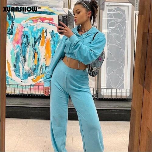 XUANSHOW 2019 Women Hoodies Set Autumn Winter Crop Top Sexy Hooded Sweatshirt+Pants Two Piece Set Female Tracksuit Chandal Mujer