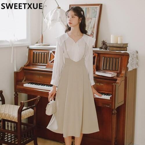SWEETXUE Womens Temperament Elegant Long-Sleeved Shirt Female + Suspender Dress Fashion Suit Autumn Outfits