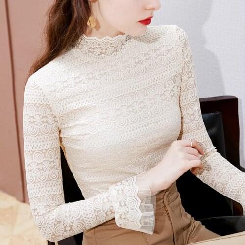 Women T-Shirt New 2021 Spring Autumn Long Sleeve Lace Tops And Shirt Sexy Hollow Out Flare Sleeve Women Tops Plus Size Blusas