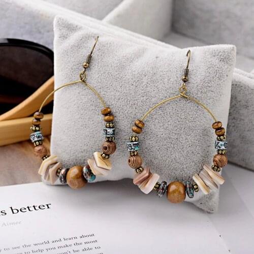 DOUVEI 2019 Ethnic Bohemia Womens Gypsy Big Round Bronze Wood Beads Drop Earrings Vintage Boho Style For Female HQE741