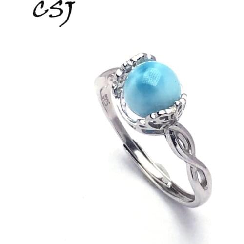 CSJ fine jewelry Sterling 925 Silver natural Blue Larimar Round7~8mm Rings Wedding Engagement Party for Women Lady Girl Gift box