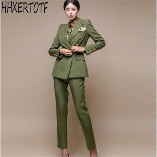 Autumn winter Fashion OL 2 Piece Sets Women Outfits Double-breasted Blazer Coat + Pencil Pant Suit Work Suit Female 2 Piece Se