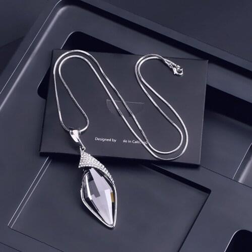 Crystal Long Necklace for Women Fashion Silver Color Chain Gemetric Rhombus Pendant Necklace Maxi Collier Sweater Jewelry