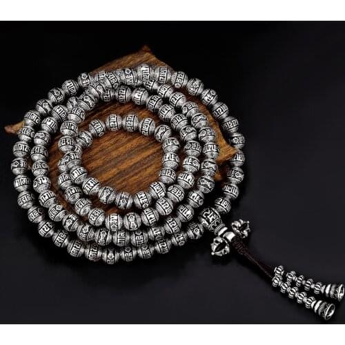 100% 925 Silver Tibetan Mala Sterling OM Mantra Beads Mala Bracelet Buddhist OM Words 108 Prayer Beads Tibetan Rosary Beads