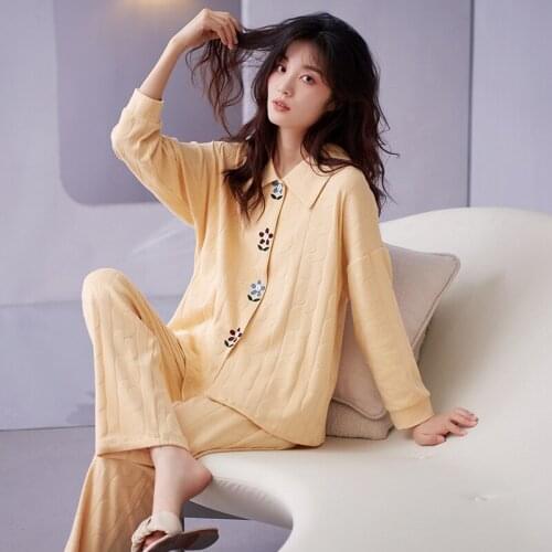 2PCS Cotton Women Pajamas Sets Sexy Sailor Collar Pyjamas Print Sleep Suit Sleepwear Nightwear Spring Summer Lounge Home Clothes