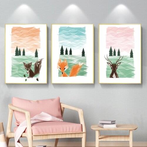Baby Nursery Wall Art Canvas Poster Deer Foxie Forest Scape Print Painting Wood Squirrel Pictures Nordic Livingroom Home Decor
