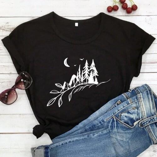 Mountain Moon Night womens T-shirt Forest Mountain Landscape Shirt Camping Adventure Tees fashion Casual grunge vintage tops