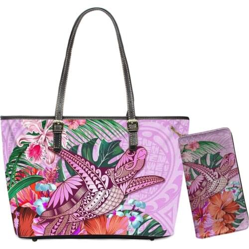 Hawaii Leather Handbags Set Polynesian Chuuk Vintage Women 2Pcs Handbags and Purse Tribal Design Lady Casual Tote Bags Wholesale