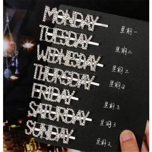 Hot 500pcs/lot Constellation semana clipes Dias Grampos de cristal brilhante Rhinestones palavra Letters cabelo das mulheres