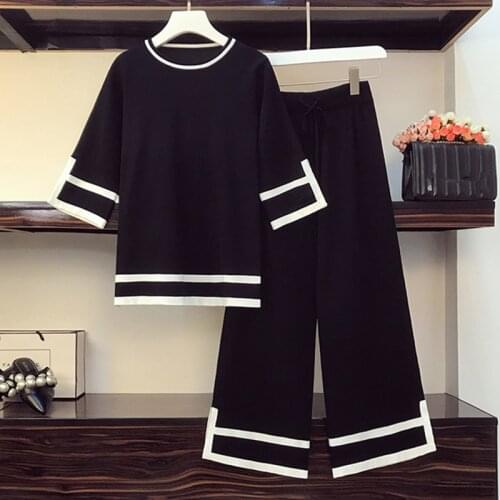 Summer Womens Knitted Two Piece Suits Color Contrast Loose Pullover Sweater Jumpers And Wide Leg Pants Plus Szie Outfits
