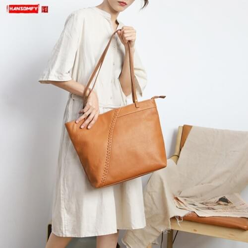 Literary Leather Bag Women Hand-woven Leather Handbags Female Tote Bag Shoulder Bag Large Capacity Zipper Large Capacity Bags