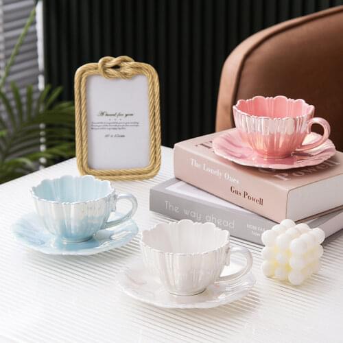 Gold Angel Wing Mug With Dish Pearl White Pink Blue Ceramic Coffee Tea Cup Saucer Nordic Tableware Unique Wedding Birthday Gifts