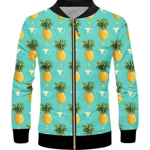 CJLM Pineapple Fruit Jacket Zipper Pattern Yellow Casual Cool Hip-hop Street Style Geometric Print Oversizes Unisex Top Dropship