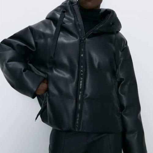 Trendy Hooded Parka Women Winter Clothing Quilted Padded Faux Pu Leather Jacket Thick Warm Puffer Coat Female Parks Outwear Chic