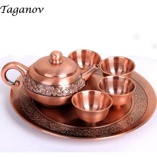 Red bronze Teaware Set Six-piece Set Copper travel tea set Russia puer puerkung fu tea set drinkware with tray 4 teabowls gifts