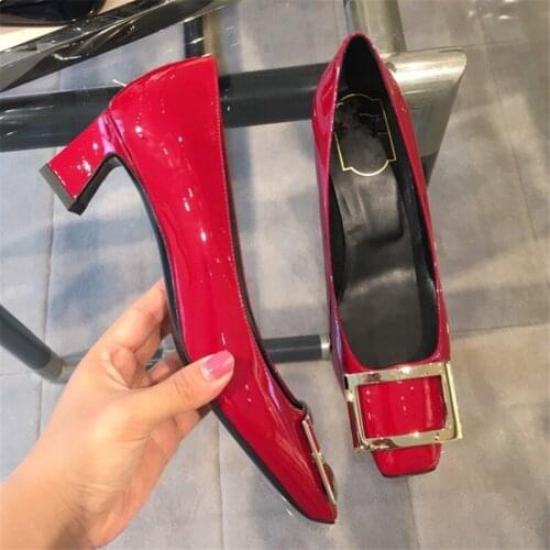 2021 New Patent Leather Solid Color Woman Pumps Fashion Brand Square Toe Low Heel Shoes Elegant Lady Party Wedding Shoes