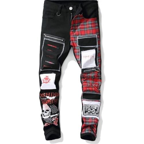 New Mens skull printed Scottish plaid patchwork jeans Trendy patches design black ripped distressed denim long pants trousers
