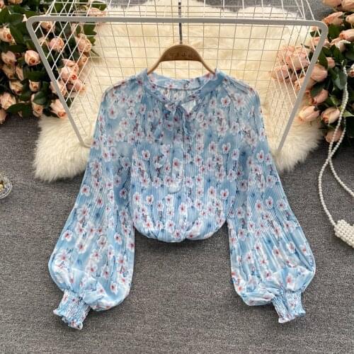 SINGREINY Women Sweet Floral Blouse Korean Sweet Puff Sleeve O Neck Loose Tops 2021 Summer Bohemian Print Casual Chiffon Blouses