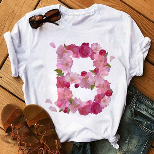 Spring Alphabet with Pink Flowers A B C D Print T Shirt Customize Name T Shirt Women T Shirt Female Ladies Short SleeveTee Tops