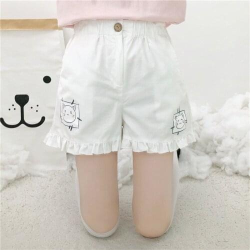 Japanese Kawaii Summer Shorts for Teen Soft Girls Cute Cat Cartoon Print Women Clothing College Style Vintage Ruffle Short Femme