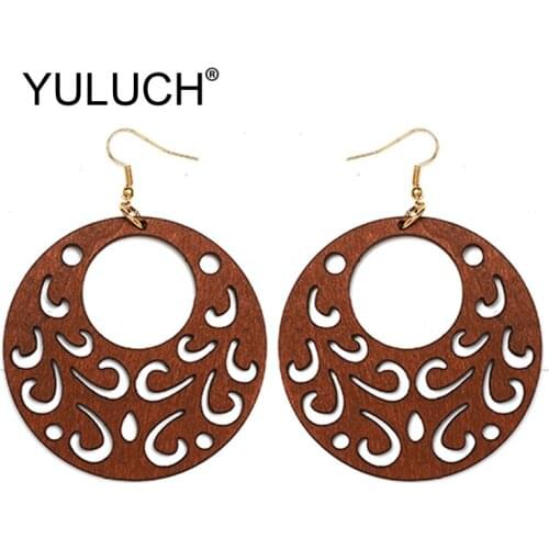 YULUCH Round Wooden Pendant Earrings 2019 Hollow Wood Fashion Jewelry For Women Party Ethnic African Indian Round Big Earrings