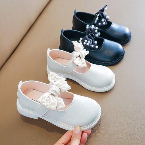 3-12 Year Kids Shoe Girl Leather Shoes For Children Autumn Princess Student Dress Shoes Party Fashion Pearl Bow 2021 Black White