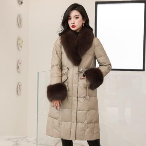 Fashion Real Sheepksin Leather Jackets Women Fox Fur Collar Female Jacket 90% White Duck Down Womens Coats Femme Veste Zjt1434