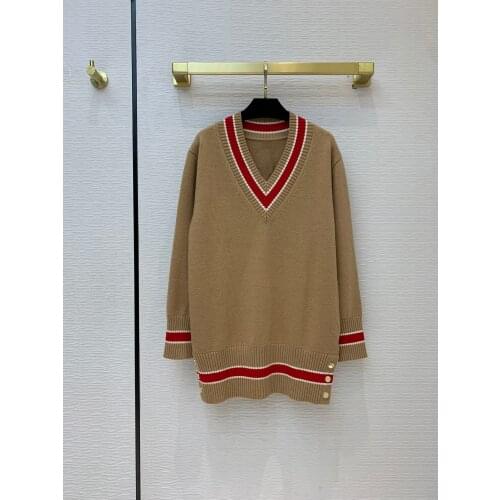 New Ladies Fashion 2021 Long Sleeve Sexy College Style Contrast V-neck Wool Knit Sweater 1121