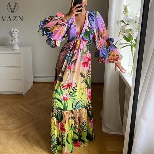 VAZN 2021 Spring Holiday Retro Print Young Chiffon Long Dress Deep V-Neck Full Sleeve Women Loose Maxi Dress