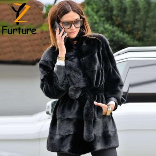 Women Winter Real Fur Coat Mink Fur Stand-collar Coat With Slim Sashes Genuine Mink Fur Jacket Nine-quarter Sleeves Mink FurCoat